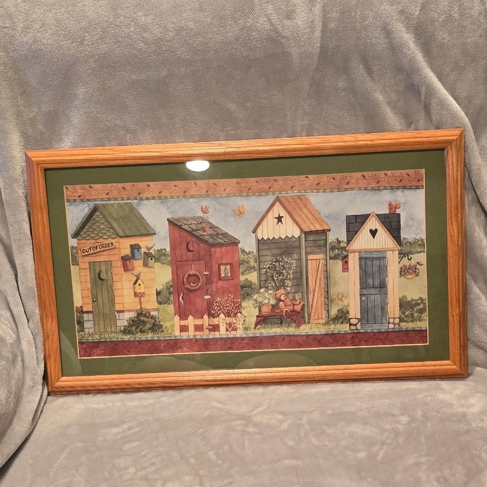 Home & Garden Party Outhouse Folk Art Framed Print Oak Wood Frame Green Matting